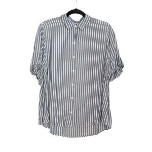 BeachLunchLounge Striped Chambray Ruffle Button Down Shirt Woman Size L